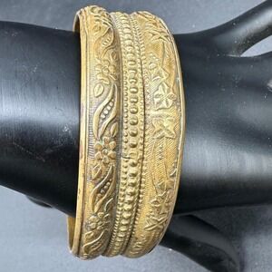 Vintage Brass Bangle Bracelet Victorian Style Floral Scroll Embossed Ornate Wide